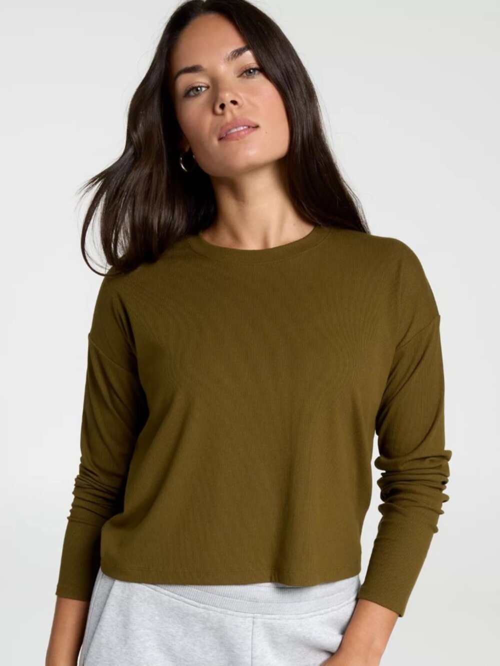 CALIA Women's Everyday Rib Boxy Long Sleeve Tee - Color: Dark Khaki Olive
